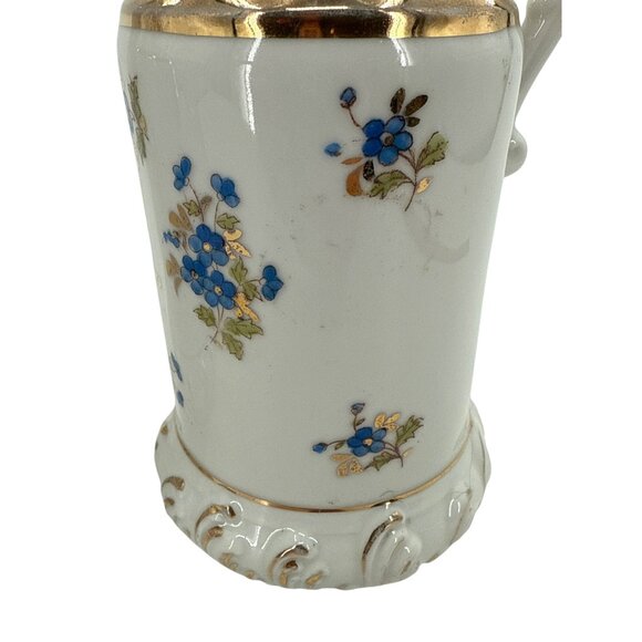 German Ceramic Oil & Vinegar Dispenser Set Blue Floral Design Gold Accents - Picture 3 of 7
